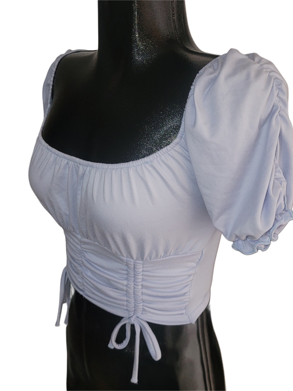 Forever 21 Women's Light Blue Ruched Crop Top with Short Puff Sleeves Size S - Picture 3 of 6